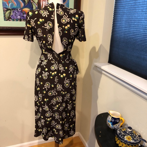 Vintage 40's Brown Cold Rayon Floral Print Iconic WWII Era Historic Dress - XS - Picture 14 of 16